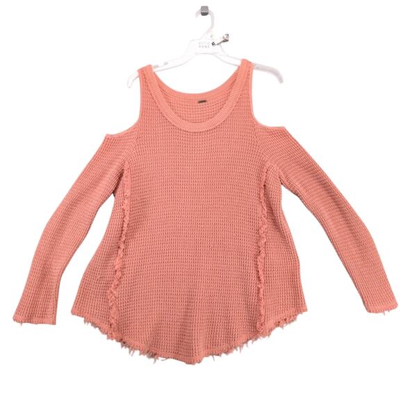 Free People Open Shoulder Waffle Knit Sweater Women's L Apricot Cotton Fringe - Picture 1 of 10